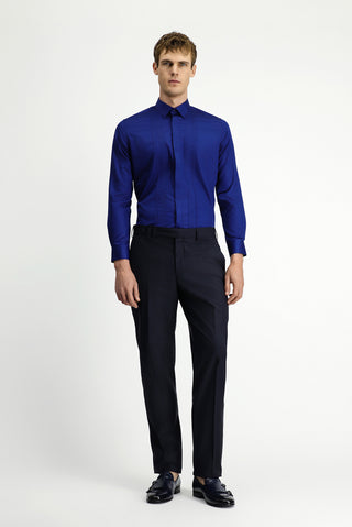 Orta Lacivert Uzun Kol Slim Fit Dar Kesim Non Iron Klasik Piliseli Pamuklu Gömlek