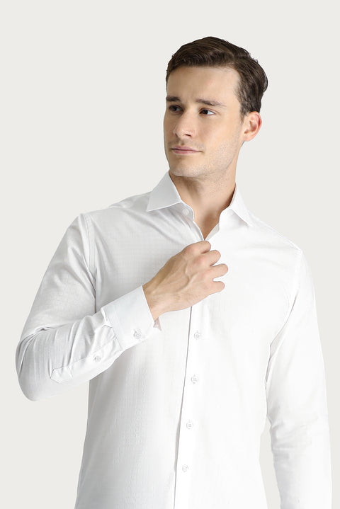 Beyaz Uzun Kol Slim Fit Dar Kesim Desenli Pamuk Gömlek