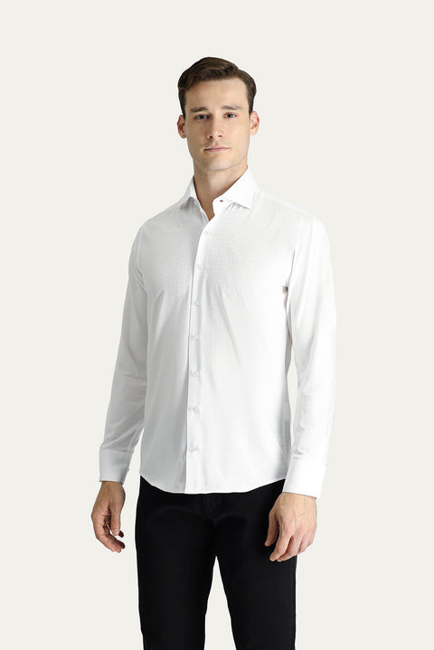 Beyaz Uzun Kol Slim Fit Dar Kesim Desenli Pamuk Gömlek