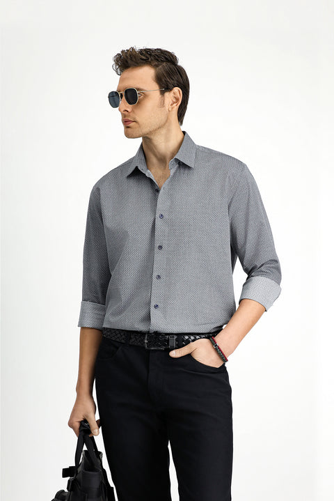 Orta Gri Uzun Kol Slim Fit Dar Kesim Klasik Desenli Pamuk Gömlek