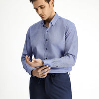 Koyu Mavi Uzun Kol Slim Fit Dar Kesim Klasik Desenli Pamuk Gömlek