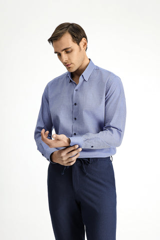 Koyu Mavi Uzun Kol Slim Fit Dar Kesim Klasik Desenli Pamuk Gömlek