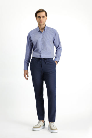 Koyu Mavi Uzun Kol Slim Fit Dar Kesim Klasik Desenli Pamuk Gömlek