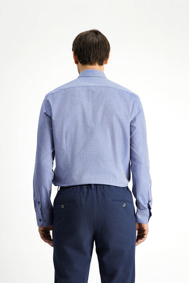 Koyu Mavi  Uzun Kol Slim Fit Dar Kesim Klasik Desenli Pamuk Gömlek