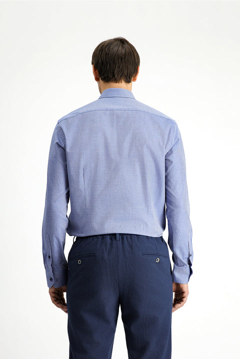 Koyu Mavi Uzun Kol Slim Fit Dar Kesim Klasik Desenli Pamuk Gömlek