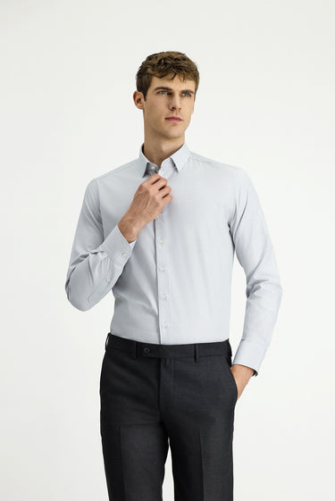 Açık Gri Uzun Kol Slim Fit Dar Kesim Klasik Desenli Pamuk Gömlek