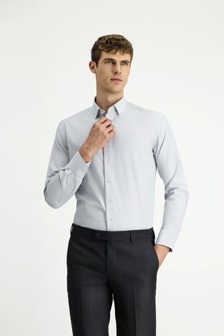 Açık Gri Uzun Kol Slim Fit Dar Kesim Klasik Desenli Pamuk Gömlek