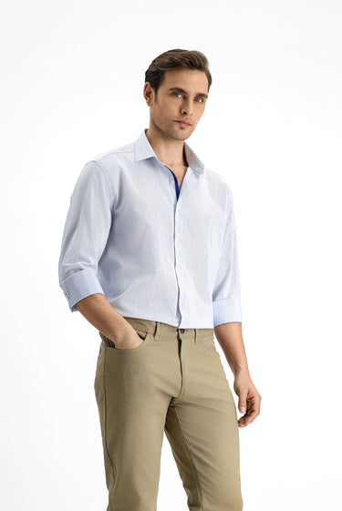 Mavi Uzun Kol Slim Fit Dar Kesim Klasik Desenli Pamuk Gömlek