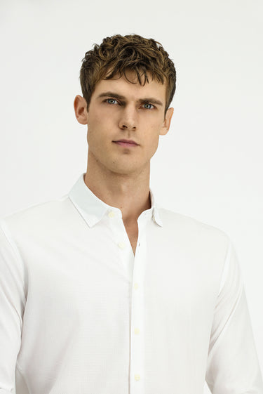 Beyaz Uzun Kol Slim Fit Dar Kesim Klasik Desenli Pamuk Gömlek