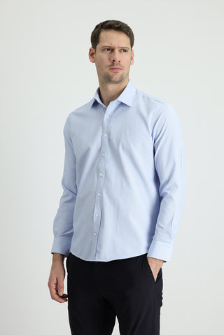Gök Mavisi Uzun Kol Slim Fit Dar Kesim Klasik Desenli Pamuklu Kolay Ütülenebilir Gömlek