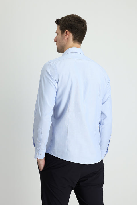 Gök Mavisi Uzun Kol Slim Fit Dar Kesim Klasik Desenli Pamuklu Kolay Ütülenebilir Gömlek