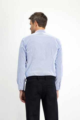Açık Mavi Uzun Kol Slim Fit Dar Kesim Non Iron Klasik Desenli Pamuklu Gömlek