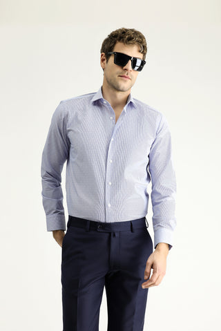 Koyu Mavi Uzun Kol Slim Fit Dar Kesim Non Iron Klasik Desenli Pamuklu Gömlek