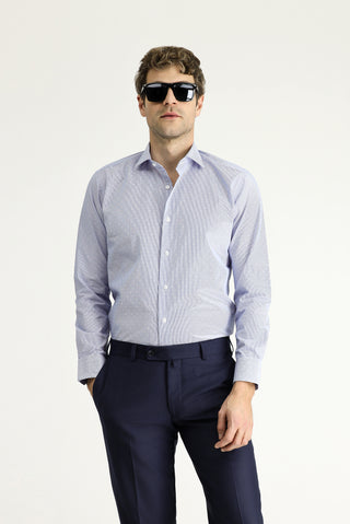 Koyu Mavi Uzun Kol Slim Fit Dar Kesim Non Iron Klasik Desenli Pamuklu Gömlek