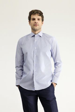 Koyu Mavi Uzun Kol Slim Fit Dar Kesim Non Iron Klasik Desenli Pamuklu Gömlek