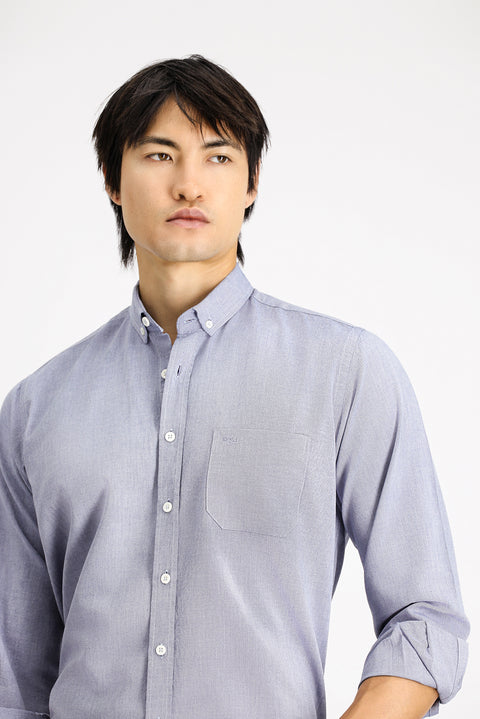 Dark Navy Long Sleeve Regular Fit Oxford Patterned Cotton Button-Down Shirt