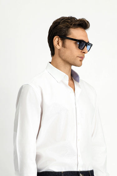 Beyaz Uzun Kol Klasik Desenli Pamuk Gömlek