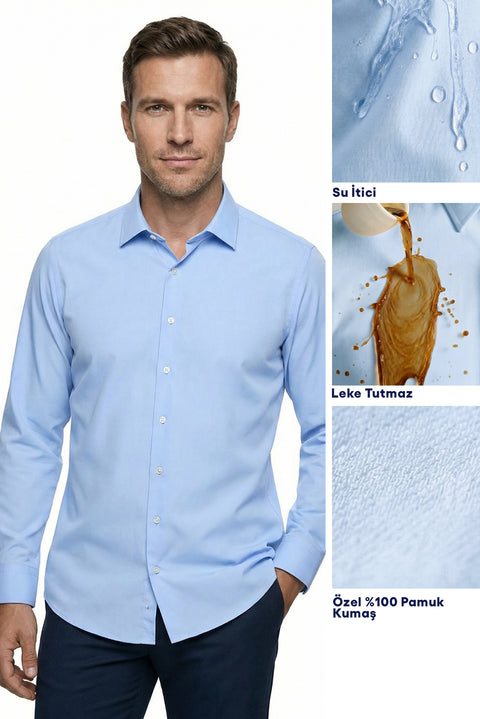 Light Blue Long Sleeve Classic Nano Care Water Repellent Stain Resistant 4 Seasons Cotton Shirt
