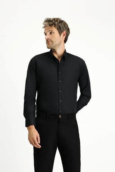 Siyah Uzun Kol Slim Fit Dar Kesim Pamuk Klasik Gömlek