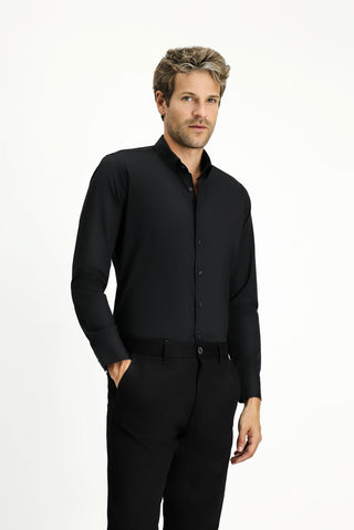 Siyah Uzun Kol Slim Fit Dar Kesim Pamuk Klasik Gömlek
