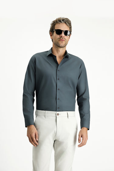 Koyu Antrasit Uzun Kol Slim Fit Dar Kesim Pamuk Klasik Gömlek