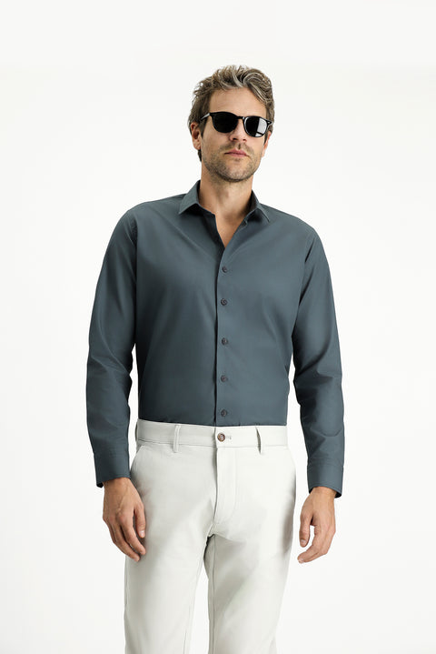 Koyu Antrasit Uzun Kol Slim Fit Dar Kesim Pamuk Klasik Gömlek