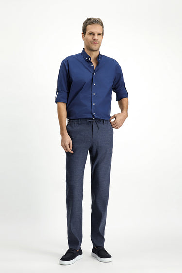 Orta Lacivert Uzun Kol Regular Fit Düğmeli Yaka Pamuk Gömlek