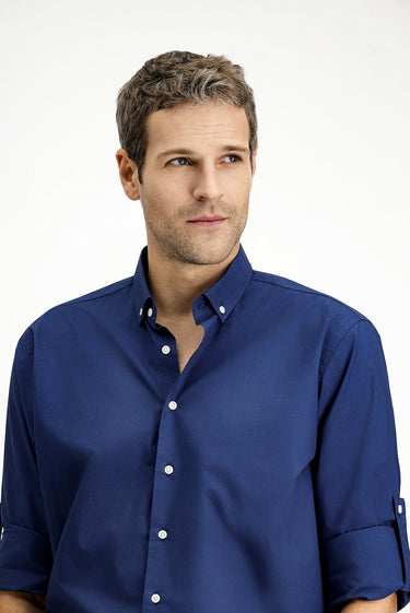 Orta Lacivert Uzun Kol Regular Fit Düğmeli Yaka Pamuk Gömlek