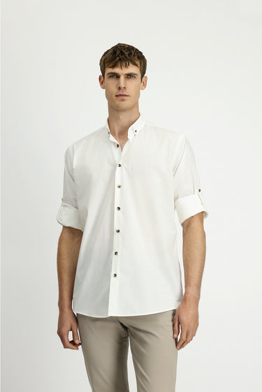 Beyaz Uzun Kol Regular Fit Düğmeli Yaka Pamuk Gömlek