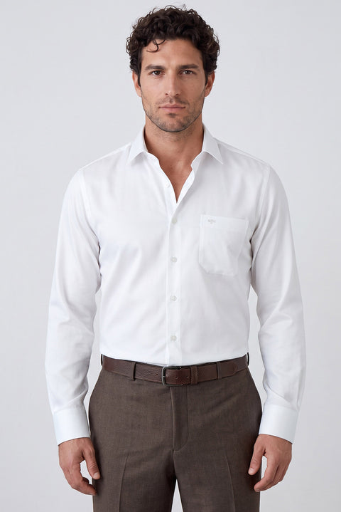 White Long Sleeve Non-Iron Satin Classic Pocketed Cotton Shirt