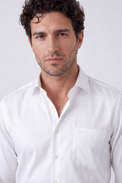 White Long Sleeve Non-Iron Satin Classic Pocketed Cotton Shirt
