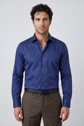 Orta Lacivert Uzun Kol Non Iron Ütü Gerektirmeyen Saten Regular Fit Klasik Pamuklu Gömlek
