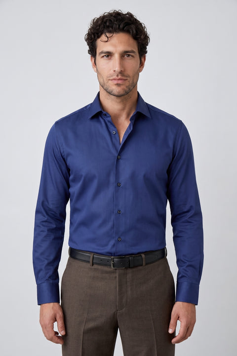 Mid-Navy Long-Sleeve Non-Iron Sateen Regular Fit Classic Cotton Shirt
