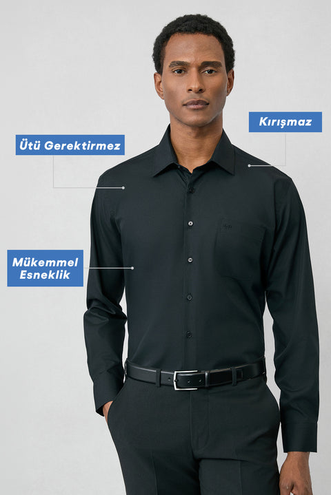 Siyah Uzun Kol Regular Fit Klasik Yaka Cepli Pamuklu Non Iron Ütü Gerektirmeyen Gömlek
