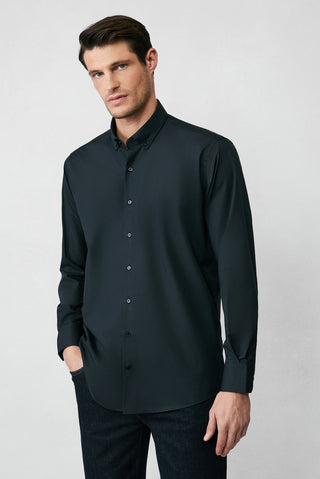 Siyah Uzun Kol Regular Fit Düğmeli Yaka Pamuklu Non Iron Ütü Gerektirmeyen Gömlek