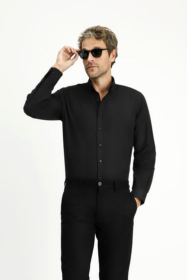 Siyah Uzun Kol Regular Fit Düğmeli Yaka Pamuklu Kolay Ütülenebilir 4 Mevsim Oxford Gömlek