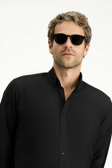 Siyah Uzun Kol Regular Fit Düğmeli Yaka Pamuklu Kolay Ütülenebilir 4 Mevsim Oxford Gömlek