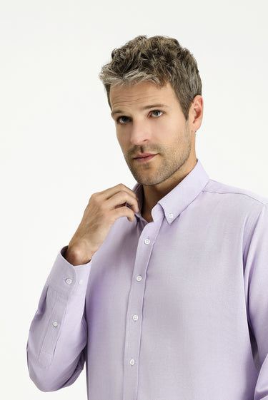 Lila Uzun Kol Regular Fit Düğmeli Yaka Pamuklu Kolay Ütülenebilir 4 Mevsim Oxford Gömlek