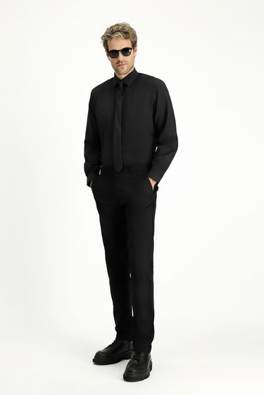 Siyah Uzun Kol Regular Fit Klasik Yaka Pamuklu Kolay Ütülenebilir 4 Mevsim Oxford Gömlek