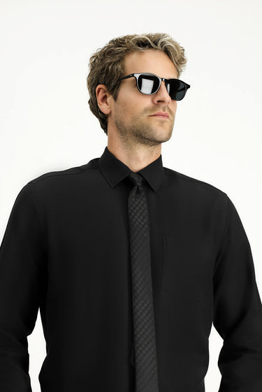 Siyah Uzun Kol Regular Fit Klasik Yaka Pamuklu Kolay Ütülenebilir 4 Mevsim Oxford Gömlek