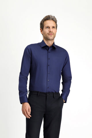 Koyu Lacivert Uzun Kol Slim Fit Dar Kesim Klasik Nano Care Su İtici Leke Tutmaz 4 Mevsim Pamuk Gömlek
