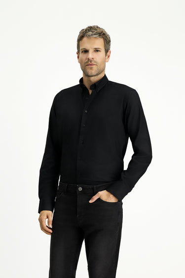 Siyah Uzun Kol Slim Fit Dar Kesim Pamuk Oxford Gömlek