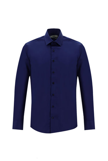 Orta Lacivert Uzun Kol Slim Fit Dar Kesim Klasik Non Iron Saten Pamuklu Gömlek