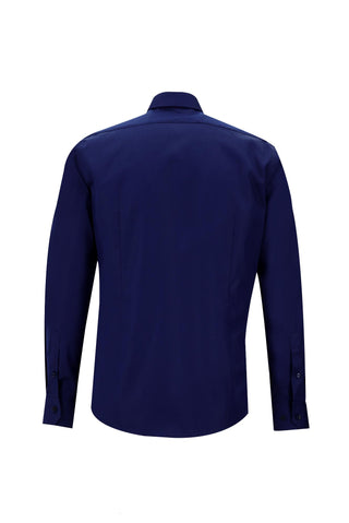 Orta Lacivert Uzun Kol Slim Fit Dar Kesim Klasik Non Iron Saten Pamuklu Gömlek