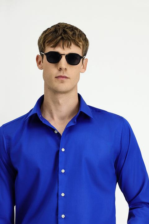 Saks Mavi Uzun Kol Slim Fit Dar Kesim Klasik Non Iron Pamuklu Gömlek