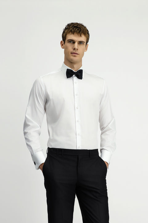 White Long-Sleeve Classic Patterned Non-Iron Cotton Shirt