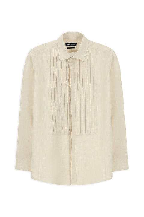 Light Beige Long Sleeve Classic Pleated Linen Shirt