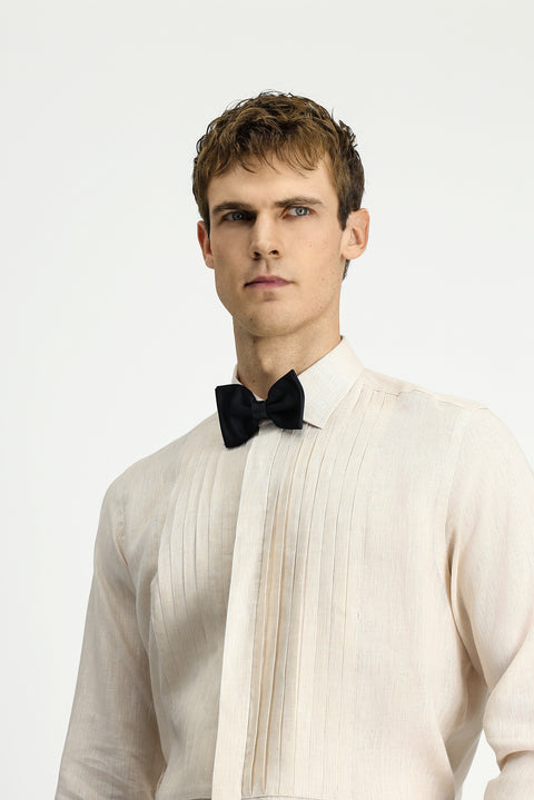 Light Beige Long Sleeve Classic Pleated Linen Shirt