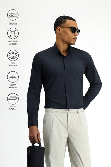 Siyah Techno-Line Uzun Kol Slim Fit Dar Kesim Likralı Gömlek