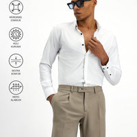 Beyaz Techno-Line Uzun Kol Slim Fit Dar Kesim Likralı Gömlek